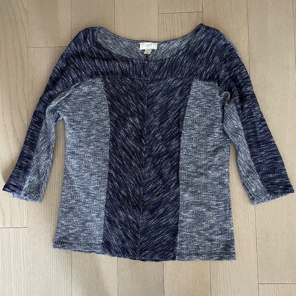 Loft Woven 3/4 Sleeve Sweater Navy Blue and White Size Medium